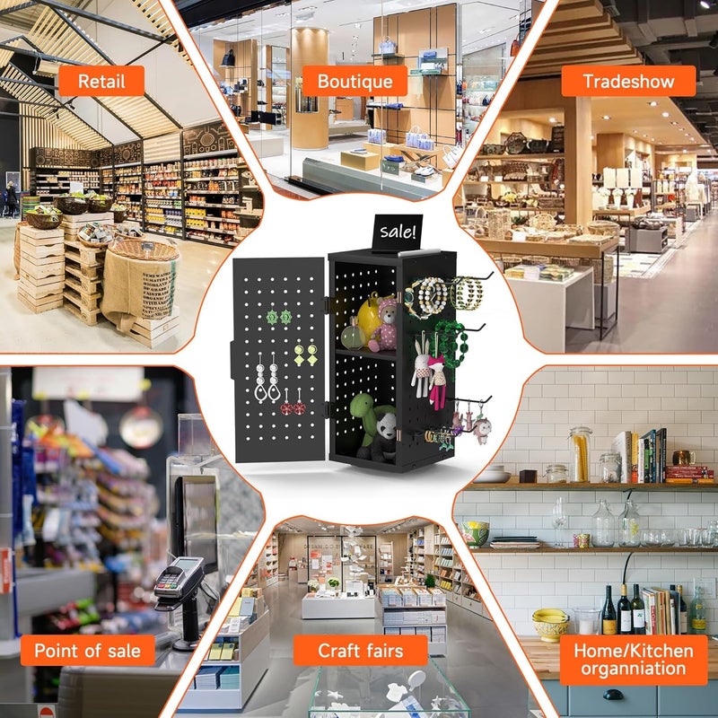 Alyoen Rotating Pegboard Display Stand with 24 Hooks - Metal Spinning Peg Board Organizer Accessories with Magnetic Door Design, Magnet Display Stand for Keychain, Jewelry, Earring（Black） - Image 4